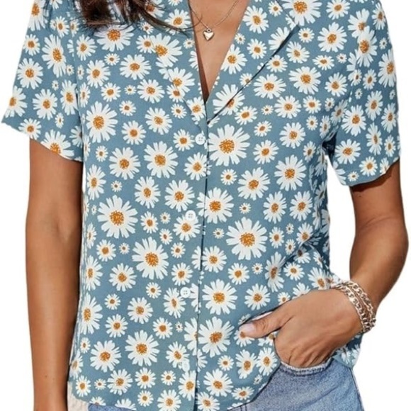 SHEIN Blue White Daisy Button Flowers Top Blouse - Picture 1 of 7